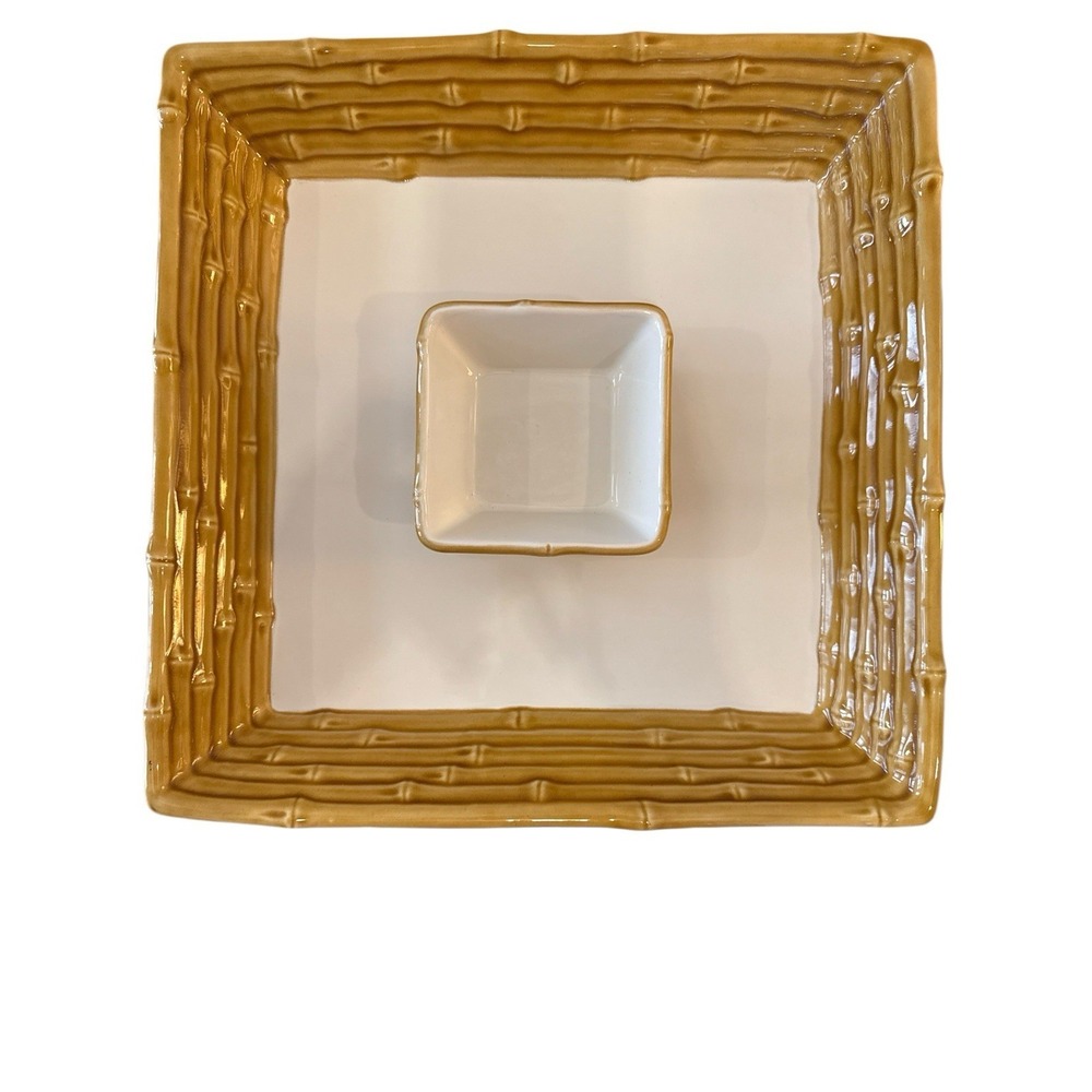 Monterey Home Studio Bamboo Serving Platter w Dip‎ Bowl Ceramic Chip Dip Tray